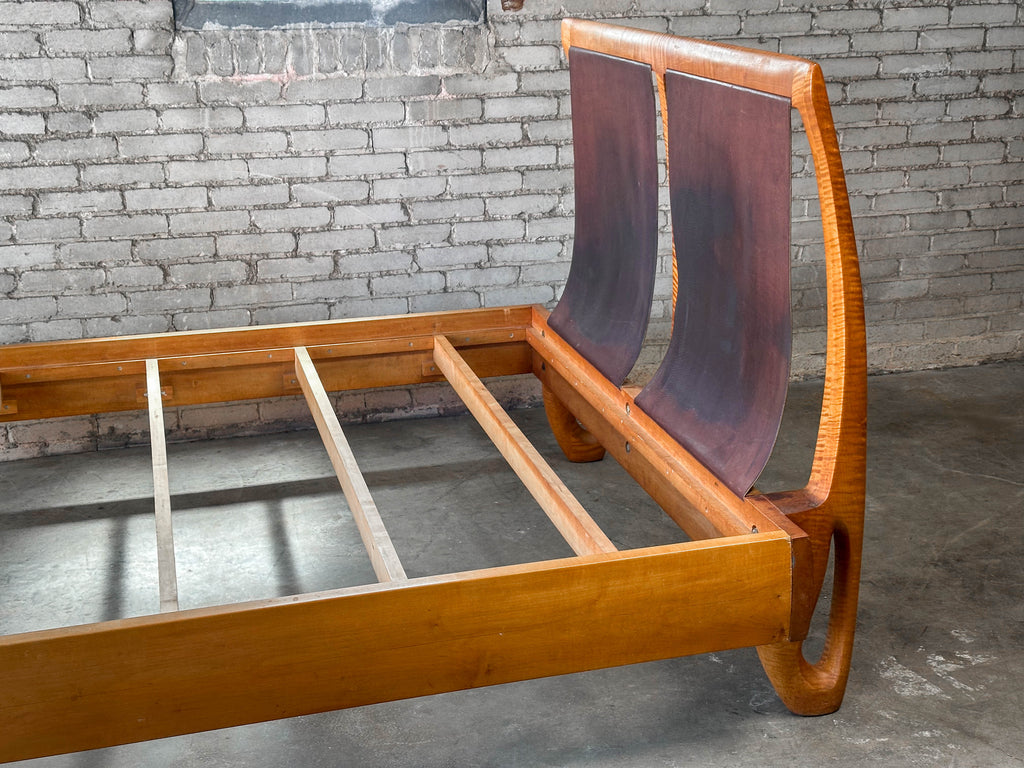 Vintage Tiger Maple and Leather Queen Bed Frame