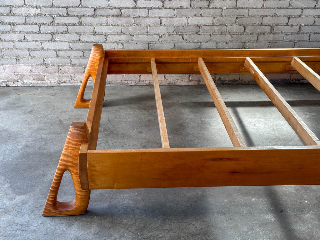 Vintage Tiger Maple and Leather Queen Bed Frame