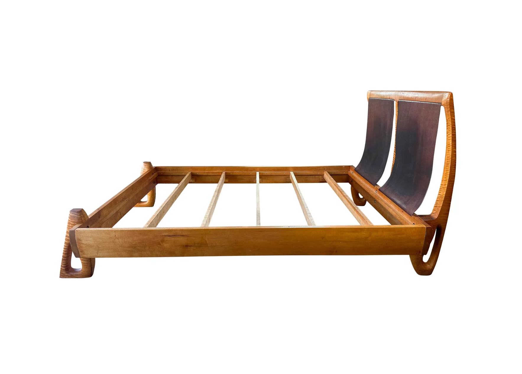 Vintage Tiger Maple and Leather Queen Bed Frame