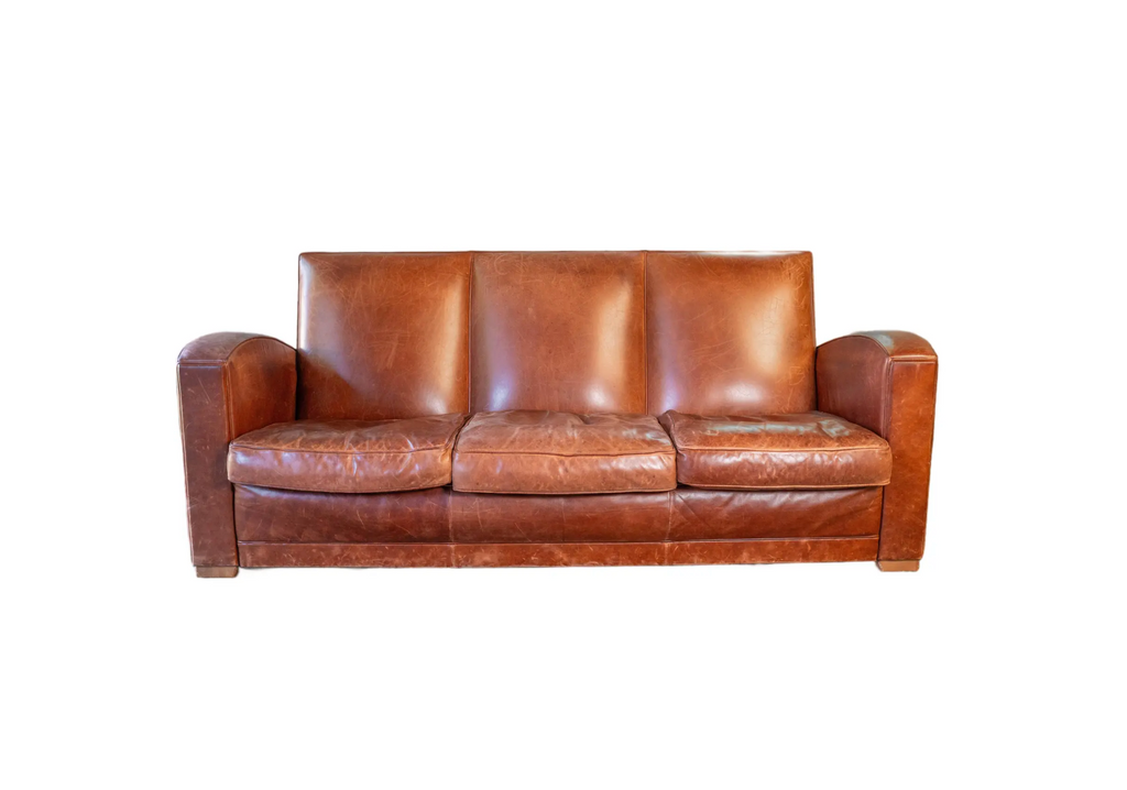 Vintage Art Deco Cognac Leather Sofa