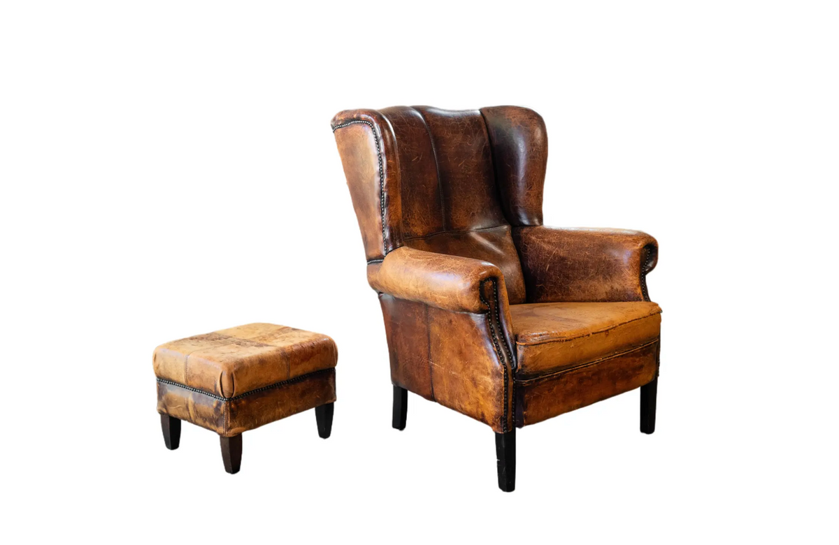 1970s Vintage Art Deco Distressed Cognac Leather Wingback Chair & Ottoman